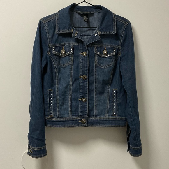 Blingy Baccini Rhinestone Slight Stretch Button Down Blue Jean Jacket! - Picture 7 of 10